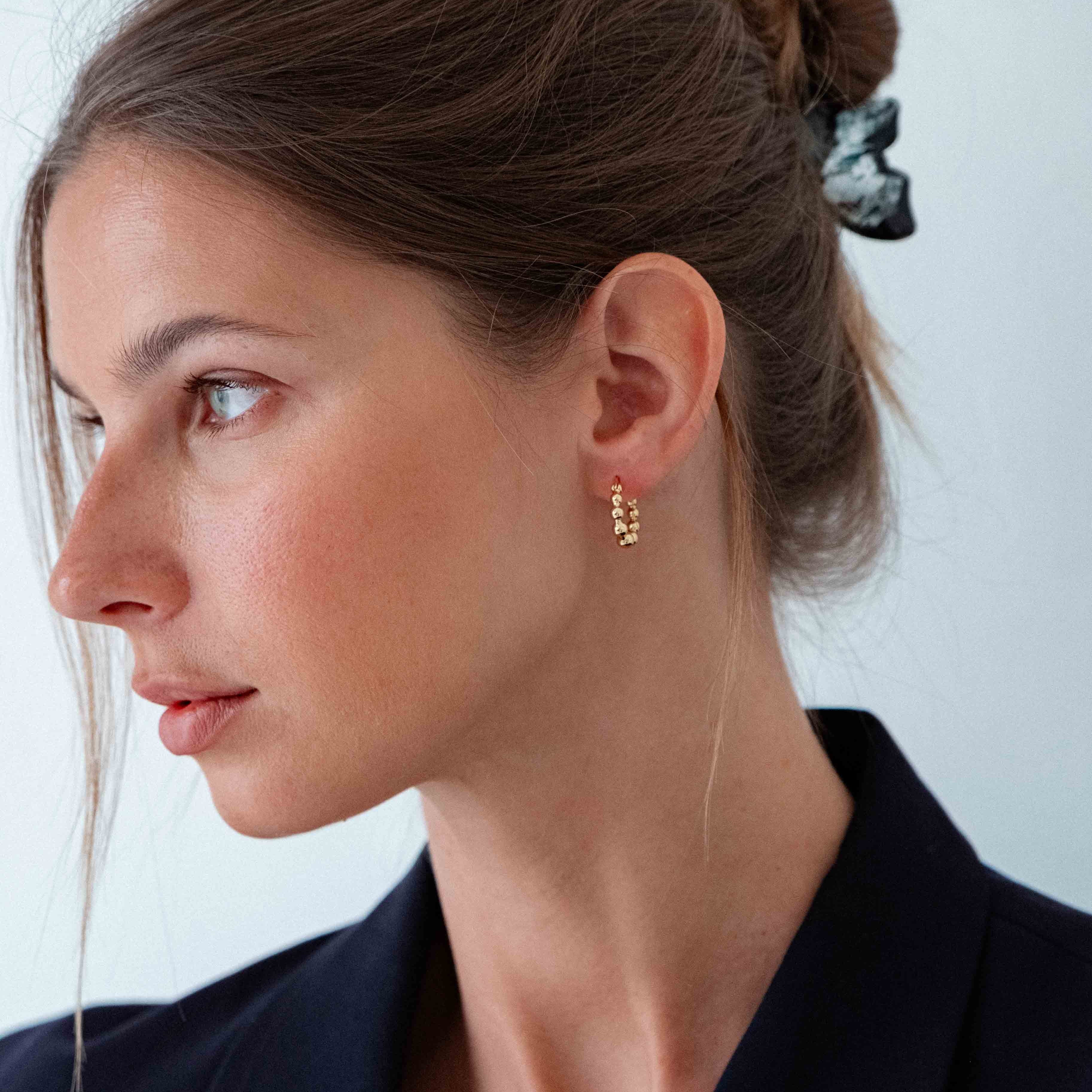 18k gold-plated huggie earrings for everyday wear, minimalist gold huggie earrings with round accents, premium Bali jewelry-style gold plated huggie earrings